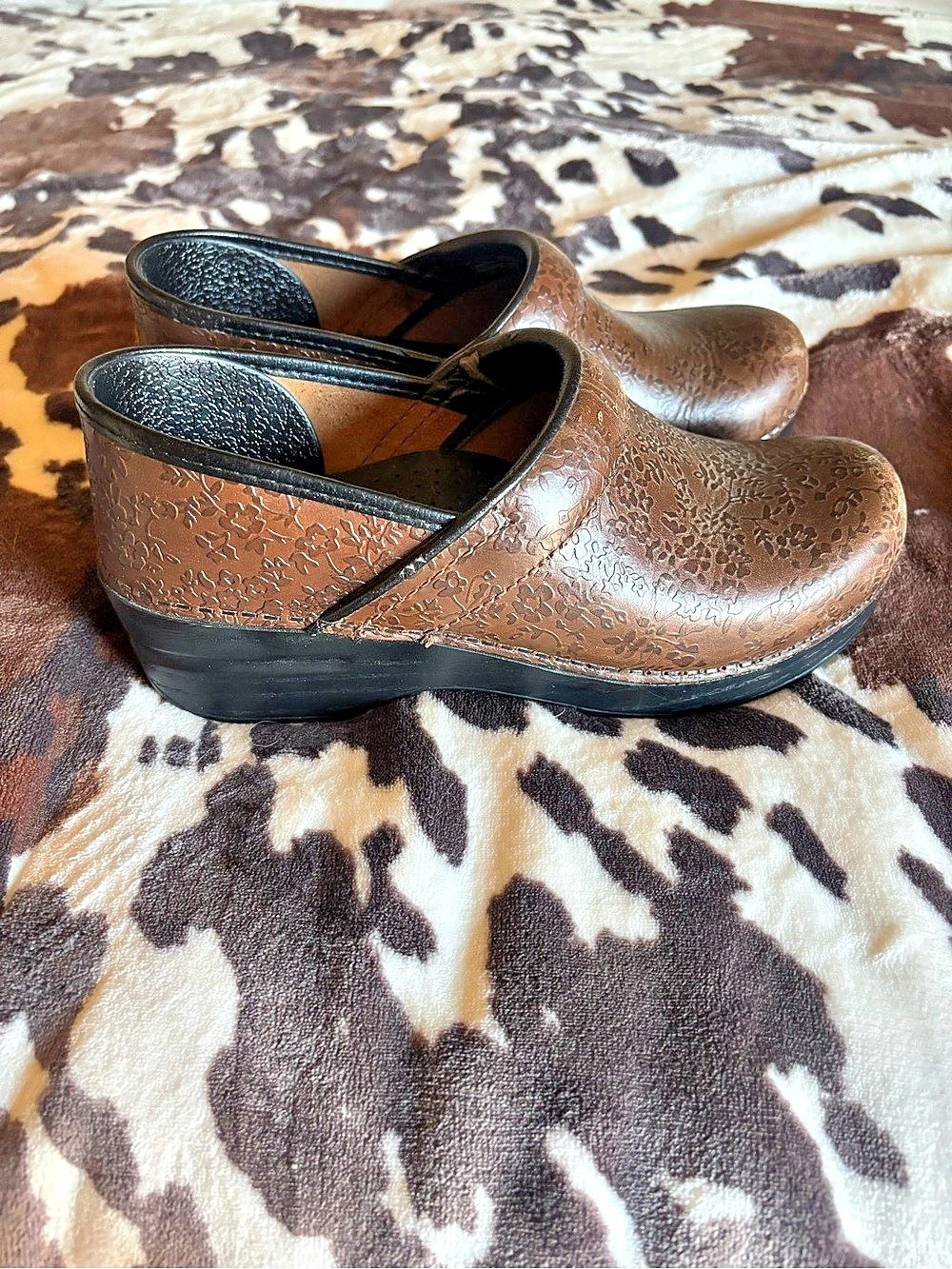 Dansko Professional Clogs Brown Floral Embossed Leather Professional Brown